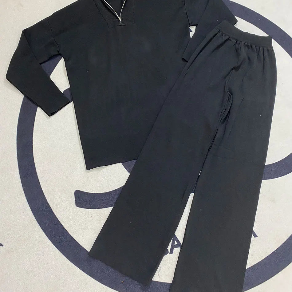 2024 Casual Autumn Loose Knit Sweater Set Fashion Zip Lapel Long Sleeve Pullover Sweater & Straight Pants Two-piece Set