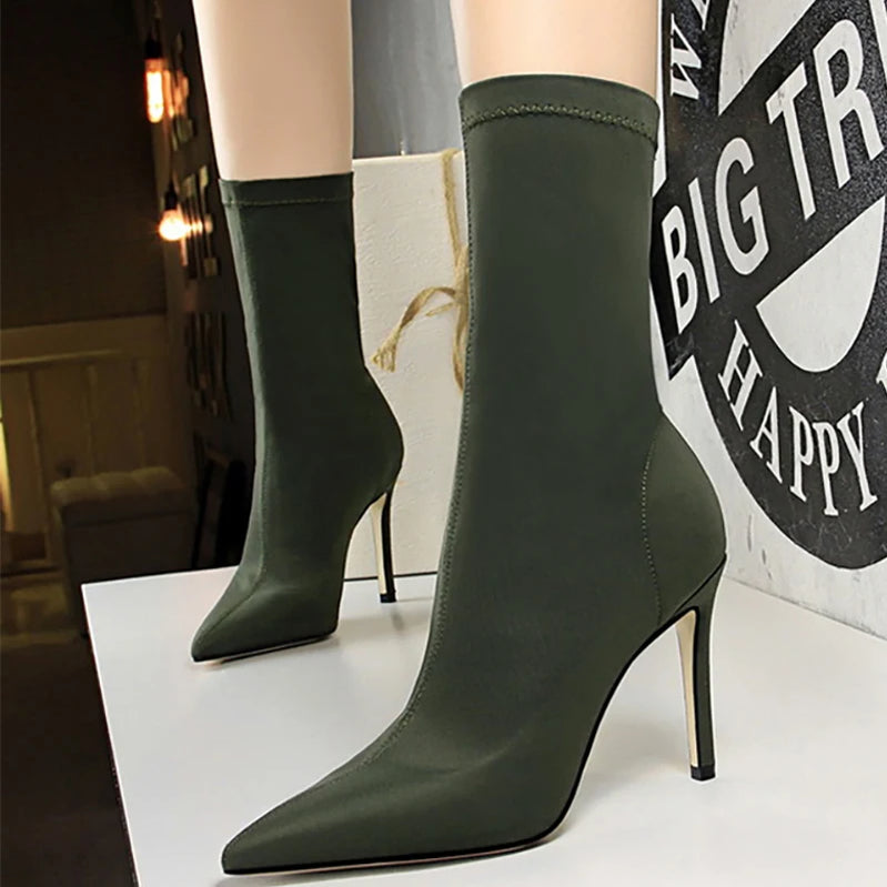 Mid-calf Boots Sexy Sock Boots Stretch High Heels Boots Fetish Women Shoes Autumn Winter Boots Stiletto Women Pumps 41