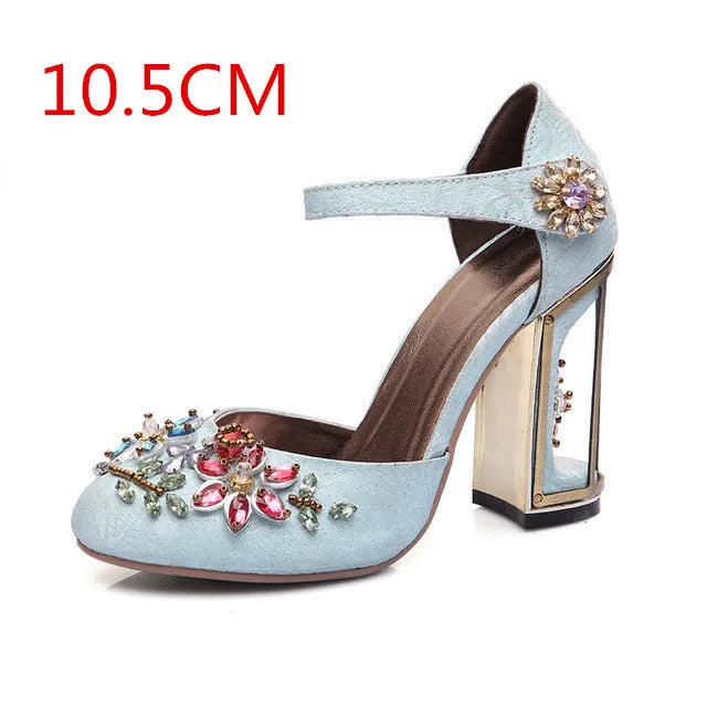 Autumn Crystal Flower Mary Janes Women Pumps Shoes Woman Sandals Strange High Heel Party Shoes Handmade Rhinestone Wedding Shoes