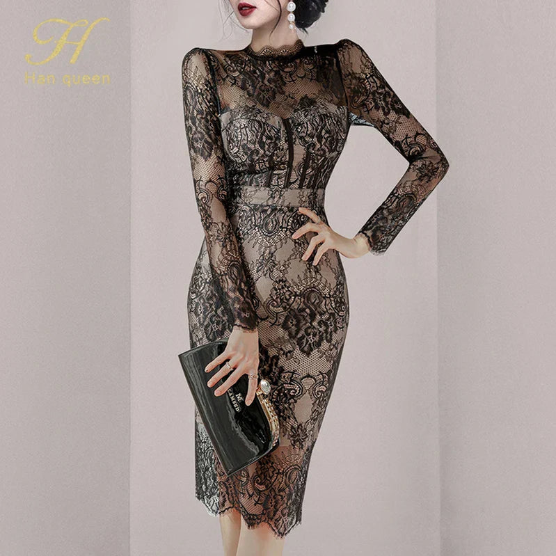 H Han Queen Autumn New See Through Lace Vestidos Korean Fashion Crochet Flowers Pencil Dress Elegant Simple Party Women Dresses