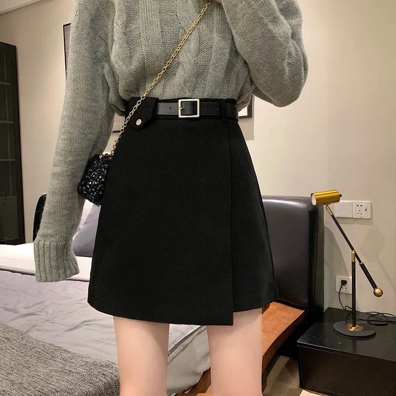 With Belt Autumn and Winter High Waist A- line Skirt Black Skirt for Women Woman Skirts Faldas Jupe