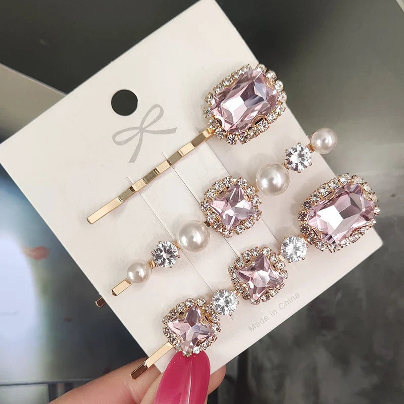 Set Women Hair Clips Jewelry Fashion Crystal Hair Accessories For Girls Luxury Pearl Geometric Barrettes Pins Christmas Gift 3pcs-pink