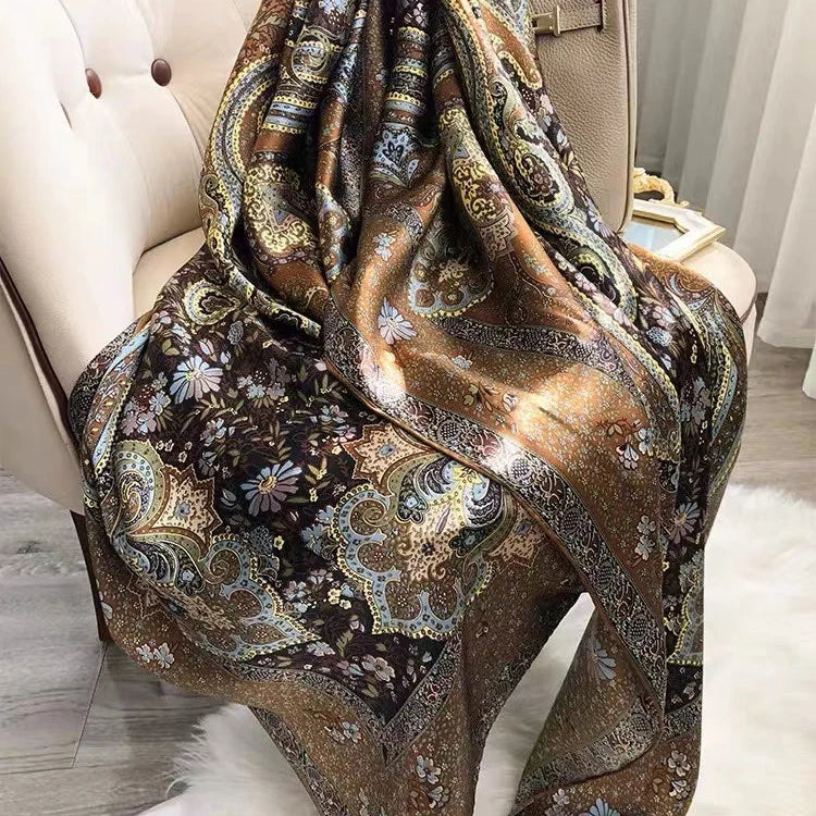 Coffee Gold 100% Mulberry Silk Women's Scarf Bandana Fashion Plaisley Style Square Scarves Hijabs Winter Brand Headscarf Foulard