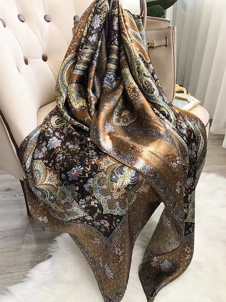 Coffee Gold 100% Mulberry Silk Women's Scarf Bandana Fashion Plaisley Style Square Scarves Hijabs Winter Brand Headscarf Foulard