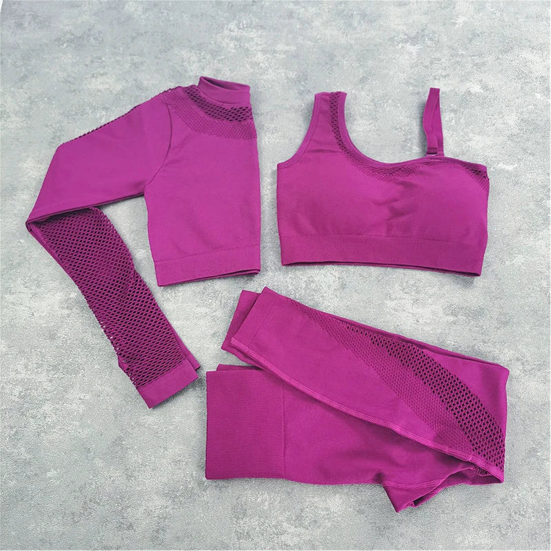 Seamless Yoga Set Sport Outfits Women 2pcs Two Piece Hollow Long Sleeve Crop top Leggings Workout Wear Gym Suit Fitness Sets 3pcs Purple Set