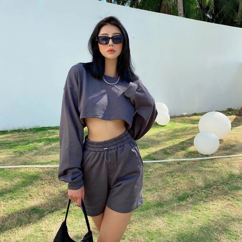 Womens Casual Tracksuits 2 Piece Set Spring Crop Sweatshirt + Sporting Shorts Sweat Set Ladies Two Piece Outfit Solid Color Suit grey 2 piece set