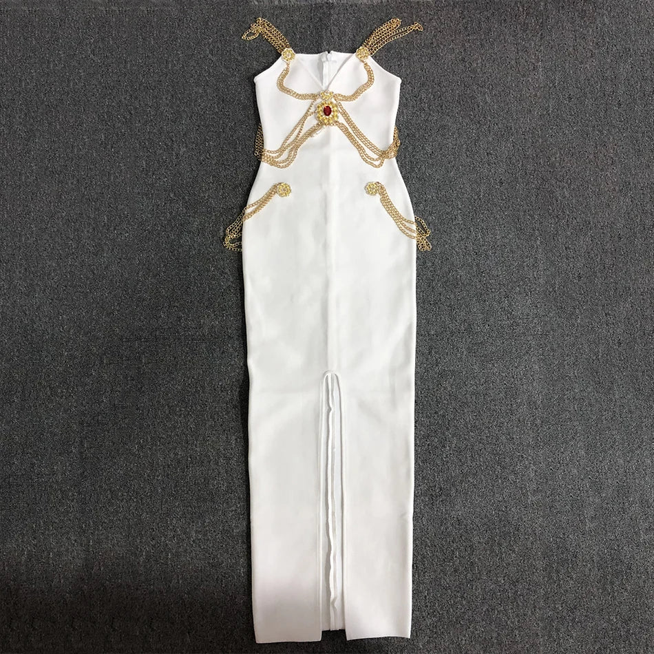 Runway Fashion Maxi Long Bandage Dress Open Fork Chains Strap Fashion Beading Bandage Dress Cocktail Party Bodycon Dresses 2025