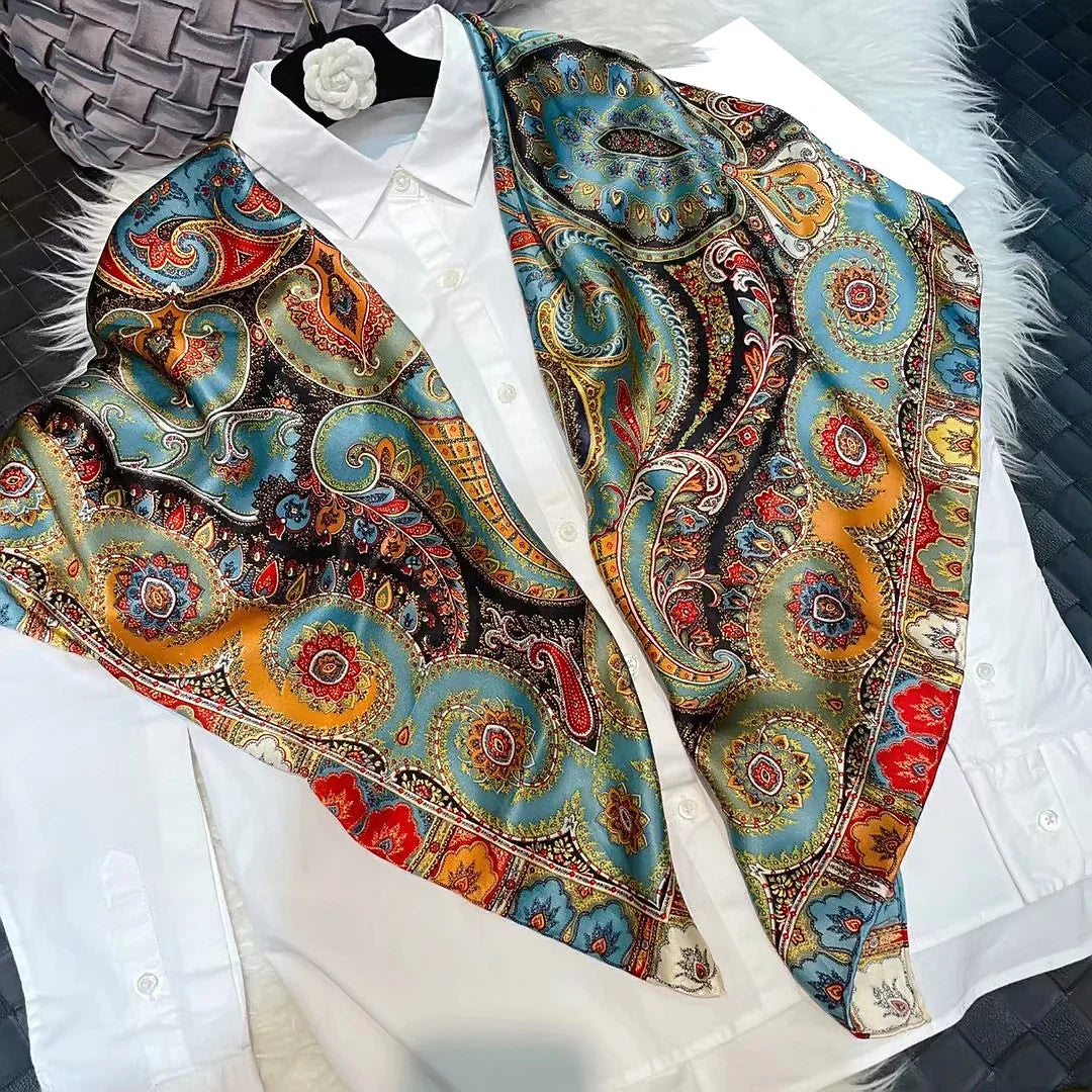 Coffee Gold 100% Mulberry Silk Women's Scarf Bandana Fashion Plaisley Style Square Scarves Hijabs Winter Brand Headscarf Foulard blue red