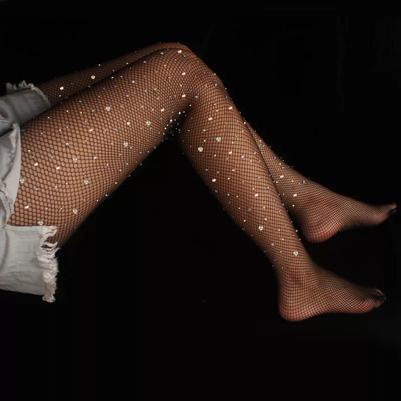 Sexy Women Mesh Pantyhose Ladies Rhinestone Glitter Tights Diamonds Crystal Tights Thin Kingsize Fishnet Stockings Black L-XXXL