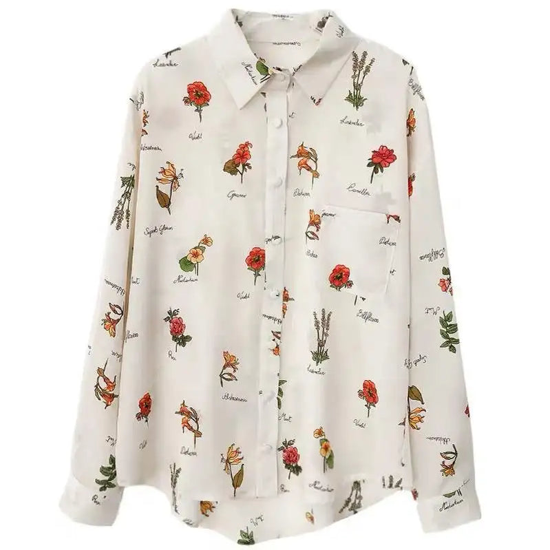 Vintage Floral Print Loose Casual Off White Blouse Women Long Sleeve Female Top Office Ladies Chiffon Blouses Shirts