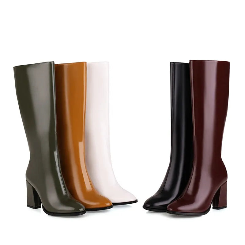 Elegant Knee High Boots Women Autumn Winter Women's High Boots Zipper Heels White Green Long Shoes Ladies Large Size 48
