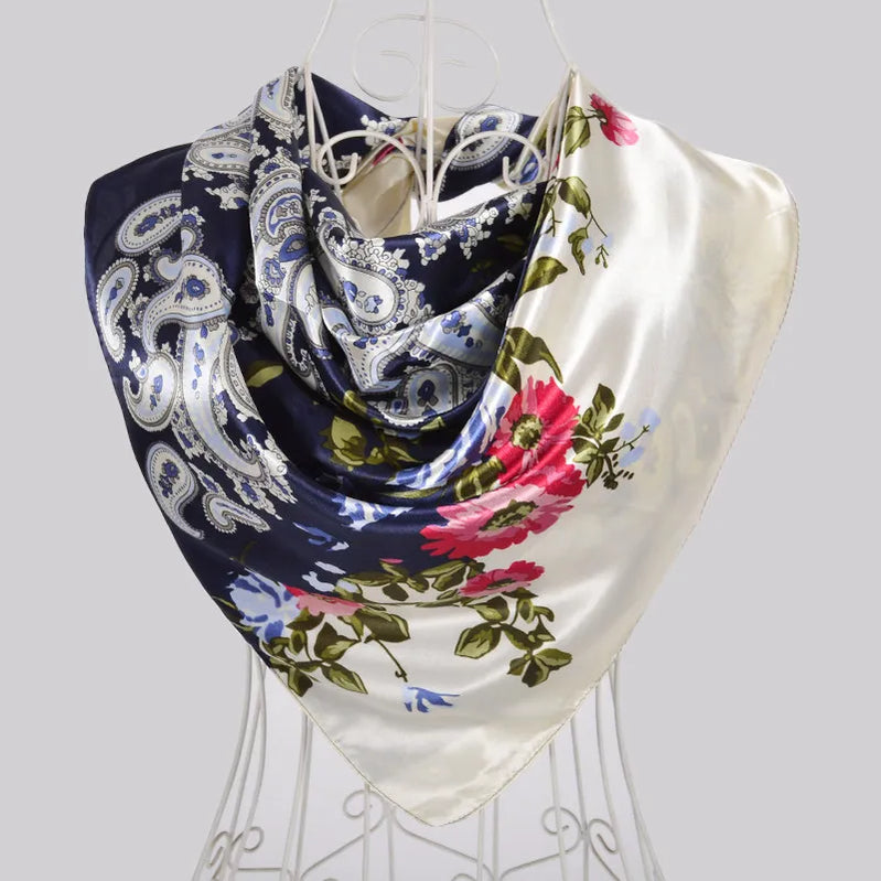 Ladies Green Coffee Square Scarves Printed Women Elegant Satin Large Silk Scarf Shawl 90*90cm Winter Neck Head Scarf beige blue paisley