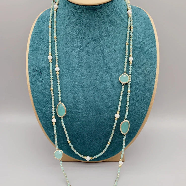 Faceted Cut Irregular Aqua Quartz Long Necklace With 5-6mm White Freshwater Pearls 2mm Crystals And Hammered Gold Beads 50 Inch
