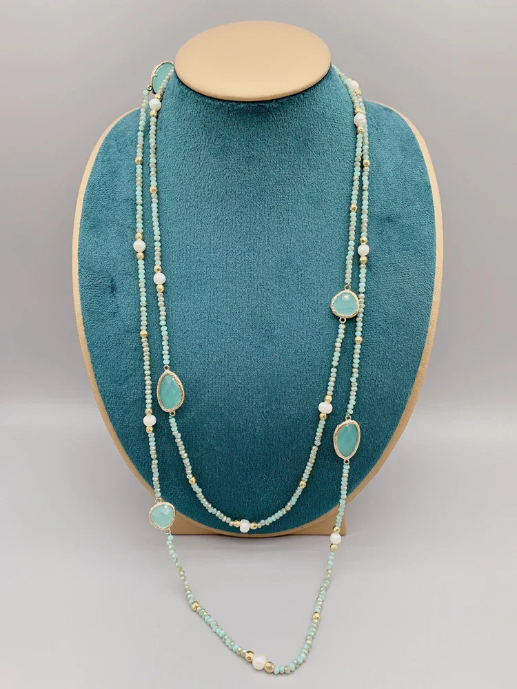 Faceted Cut Irregular Aqua Quartz Long Necklace With 5-6mm White Freshwater Pearls 2mm Crystals And Hammered Gold Beads 50 Inch