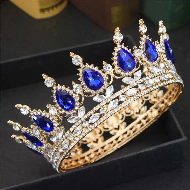 Crystal Queen King Tiaras and Crowns Bridal Diadem For Bride Women Headpiece Hair Ornaments Wedding Head Jewelry Accessories Gold Blue