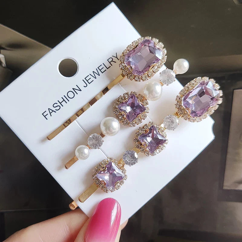 Set Women Hair Clips Jewelry Fashion Crystal Hair Accessories For Girls Luxury Pearl Geometric Barrettes Pins Christmas Gift 3pcs-purple