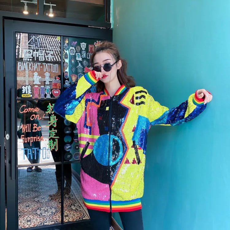 Sequined Cartoon Print New Female Spring And Autumn Korean Loose Fashion Outerwear Coats Long Sleeved Hip Hop Jackets 341 B 1 One Size