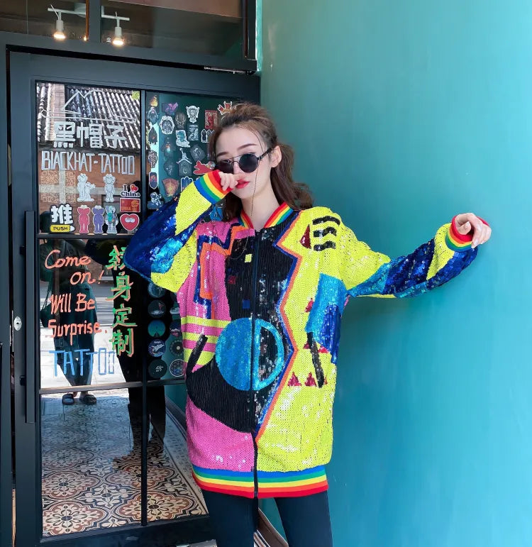 Sequined Cartoon Print New Female Spring And Autumn Korean Loose Fashion Outerwear Coats Long Sleeved Hip Hop Jackets 341 B 1 One Size