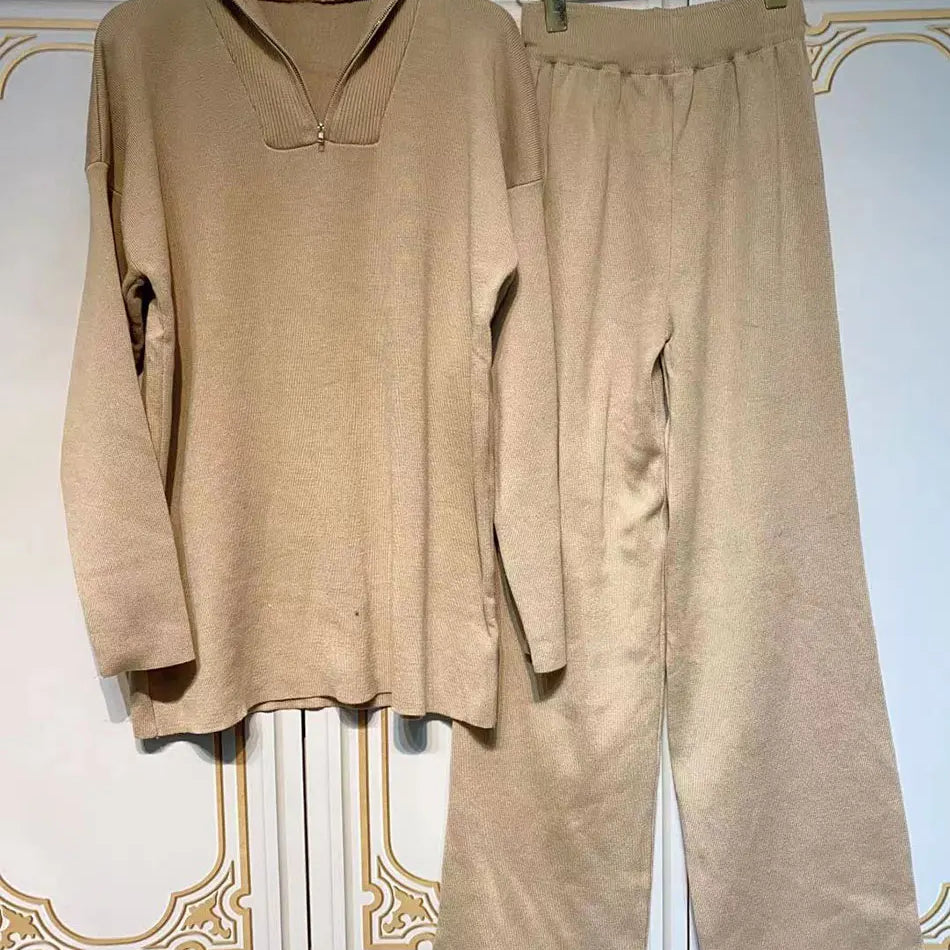 2024 Casual Autumn Loose Knit Sweater Set Fashion Zip Lapel Long Sleeve Pullover Sweater & Straight Pants Two-piece Set