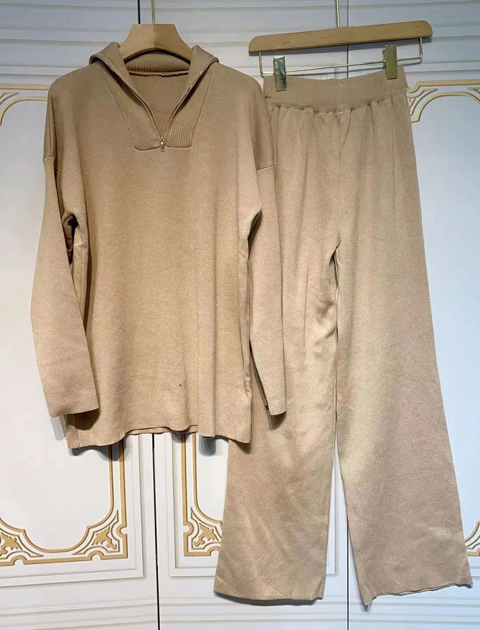 2024 Casual Autumn Loose Knit Sweater Set Fashion Zip Lapel Long Sleeve Pullover Sweater & Straight Pants Two-piece Set