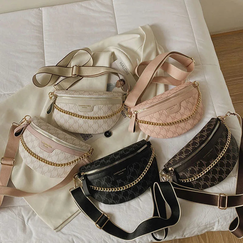 Women Chain Waist Bag PU Leather Fanny Pack Waist Belt Bag for Women Luxury Shoulder Crossbody Chest Purses and Handbag