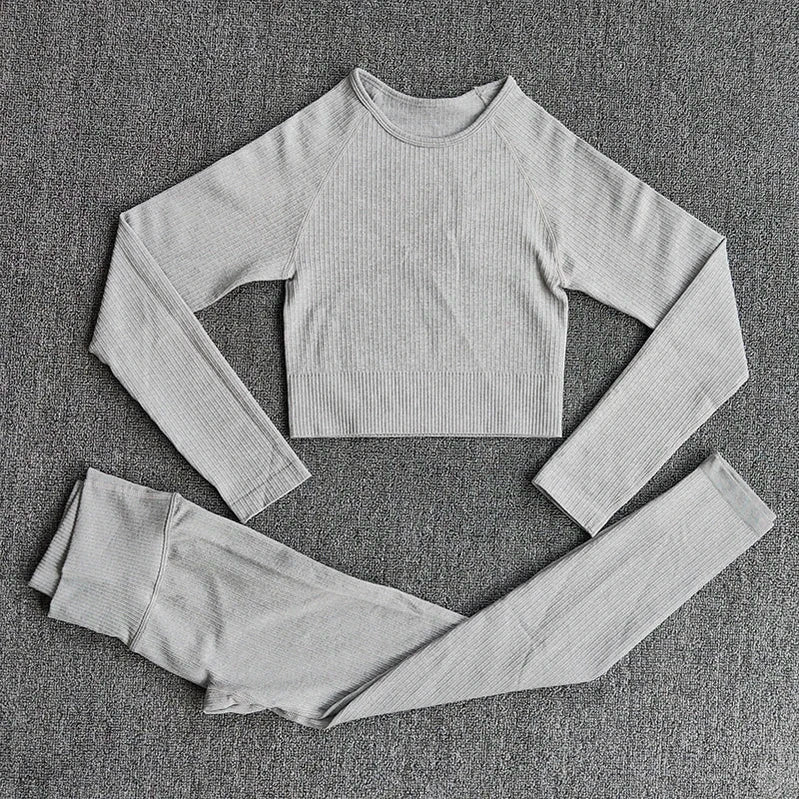 Women's Sportswear Yoga Set Workout Clothes Athletic Wear Sports Gym Legging Seamless Fitness Bra Crop Top Long Sleeve Yoga Suit ShirtsPantsGray