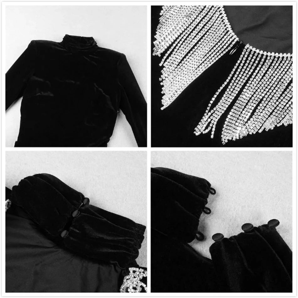 2024 High Quality Black Green Sexy Fashion Backless Diamonds Tassel Rayon Velvet Dress Evening Party Dresses Vestidos