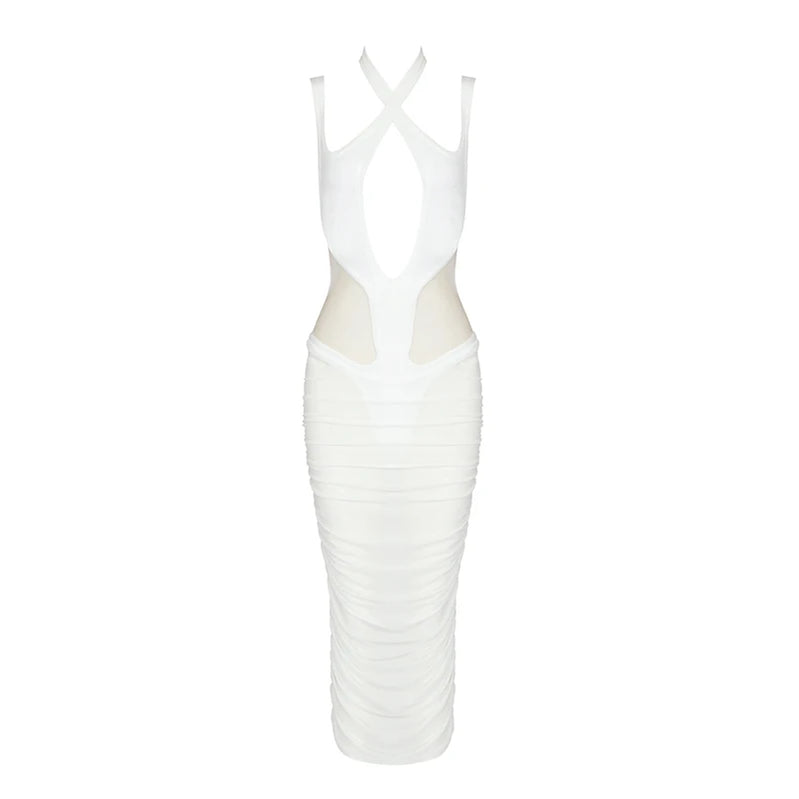 VC Women Mid-length Dress Cross Hollow Design Sleeveless Halter Neck Draped Mesh Stitching Bandage