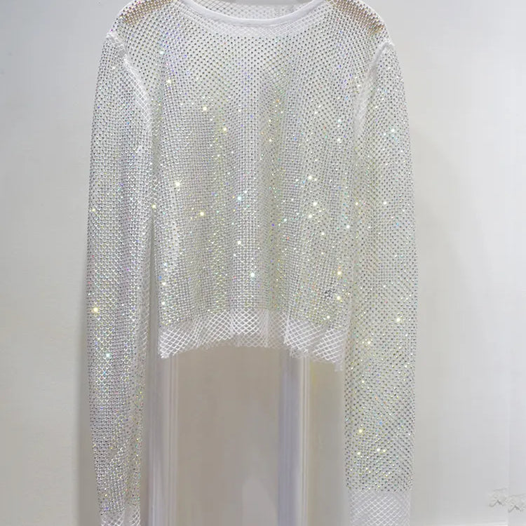 New Ladies Temperament Rhinestone Round Neck Long Sleeve Bright Summer Starlight Hollow Shiny Bottoming Shirt Women's Top Trend WHITE One Size