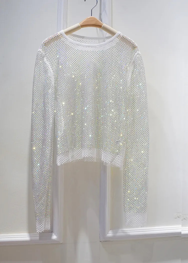 New Ladies Temperament Rhinestone Round Neck Long Sleeve Bright Summer Starlight Hollow Shiny Bottoming Shirt Women's Top Trend WHITE One Size