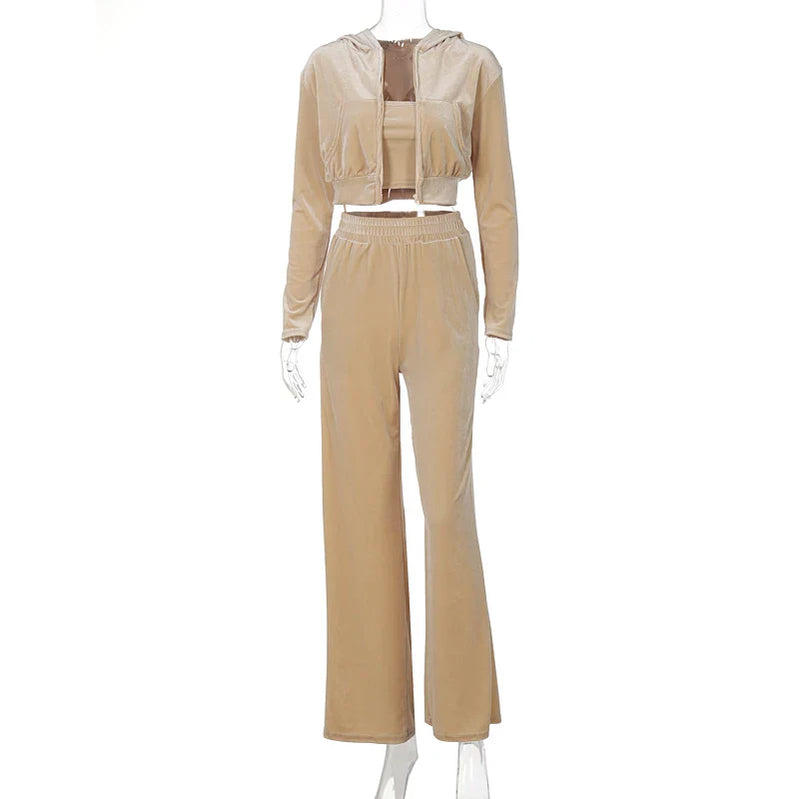 Dulzura Velvet Women 3 Piece Set Hoodie Sweatshirt Zipper Tube Crop Top High Waist Wide Leg Pants Tracksuit Sporty Casual Outfit Champagne