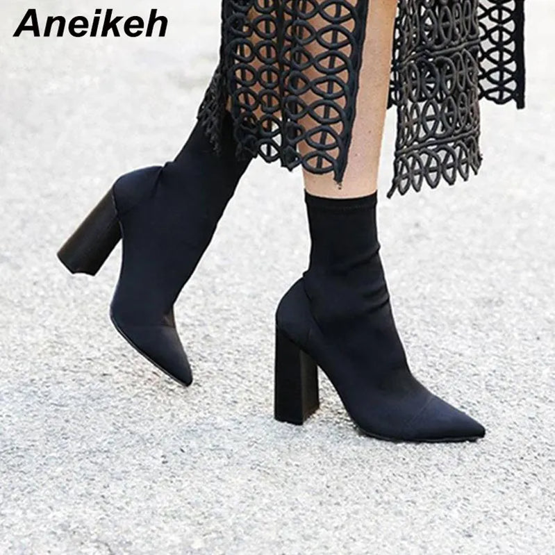 Fashion Ankle Boots for Women Pointed Toe Sock Boots Square High Heel Boots Shoes Woman Slim Stretch Bota Feminina 41