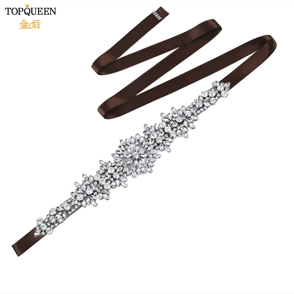 TOPQUEEN S319 Rhinestones Wedding Belt Sparkly Bride Dress Decorative Sash with Stone Jeweled Satin Ribbons Silver Gown Applique Brown ribbon