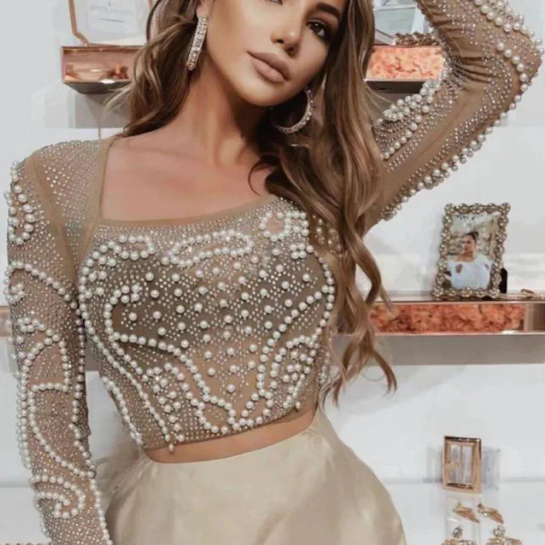 Top Quality Celebrity Black White Two Pieces Set Pearl Beading Hollow Out Rayon Bandage Dress Party Fashion Dress Vestidos