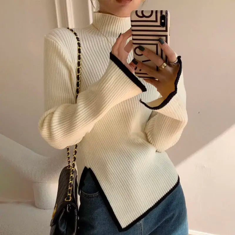 Turtleneck Women Sweater 2021 Autumn Winter New Side Slit Pullover Tops Korean Fashion Knit Sweaters Long Flare Sleeve Basic White