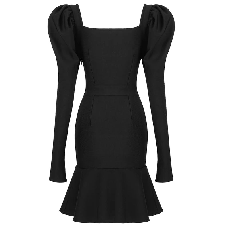 Women Winter Sexy Long Sleeve Square Collar Black Pleated Mini Bodycon Bandage Dress 2021 Elegant Evening Party Dress Vestidos