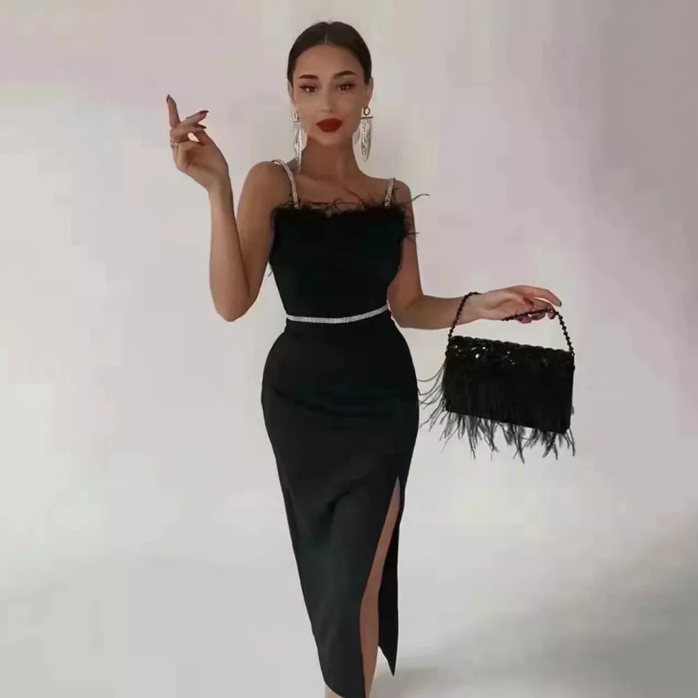 Sexy Beading Bandages Dress Women Black Feathers Elegant Clothing Celebrity Party Club Bodycon Midi Dresses black