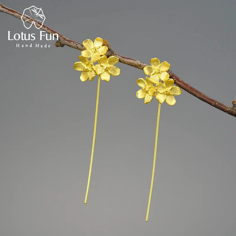 Lotus Fun Long Hanging Elegant Forget-me-not Flower Dangle Earrings For Women Real 925 Sterling Silver Original Fine Jewelry Gold