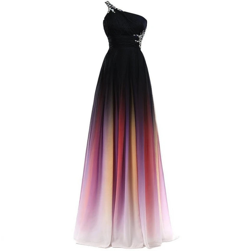 Sexy Criss-Cross Back One Shoulder Ombre Blue Black Red Chiffon Long Prom Dresses Formal Party Gowns