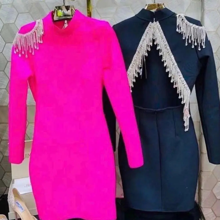 Red Black Sexy Fashion Sparkly Backless Diamonds Tassel Rayon Bandage Dress Cocktail Party Dress Vestidos