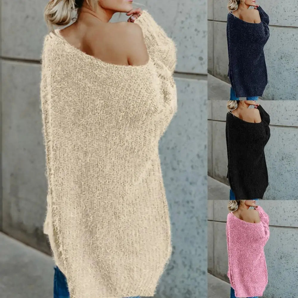 Women's Sweater Fashion Solid Color Sloping Shoulder Plush Jumper Loose Casual Knitted Sweater Top Oversized Sweater for Women