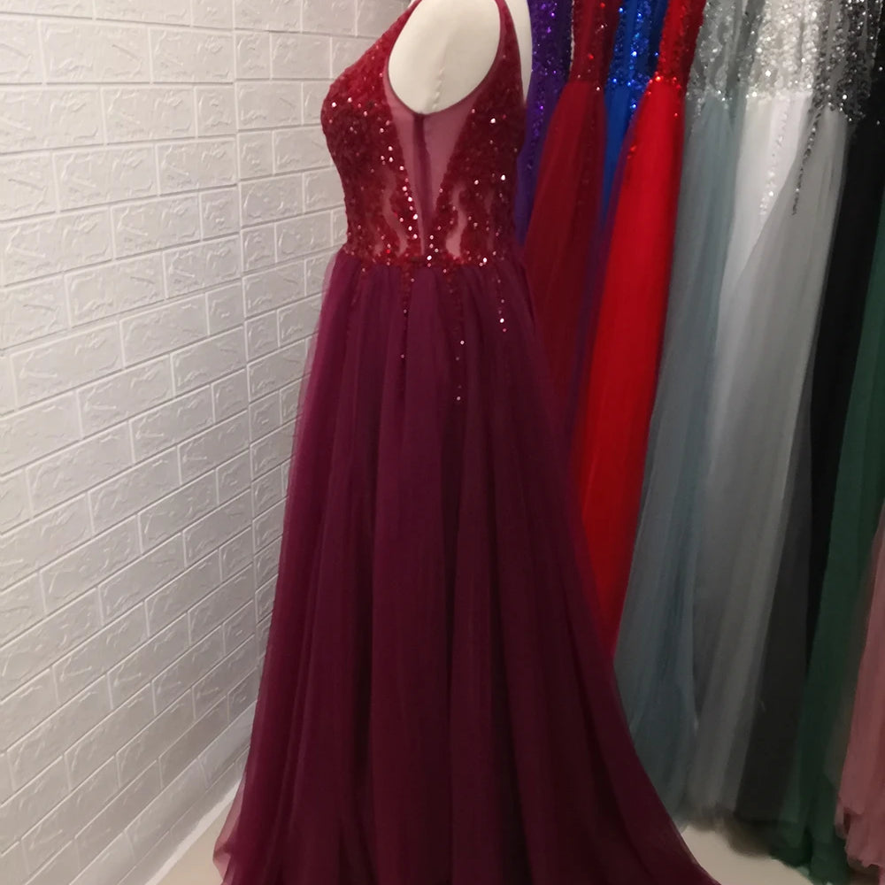 Sexy V-Neck Long Prom Dresses Beaded Beading Crystal High Splits Backless A-Line Formal Gown Party Dress dark burgundy