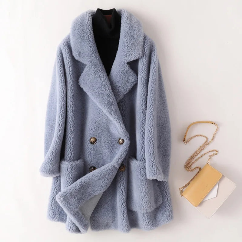 Real Fur Coat High Quality Australian Womens Natural Wool Coats Thick Warm Elegant Loose Large Size Long Outwear For Women Light Blue