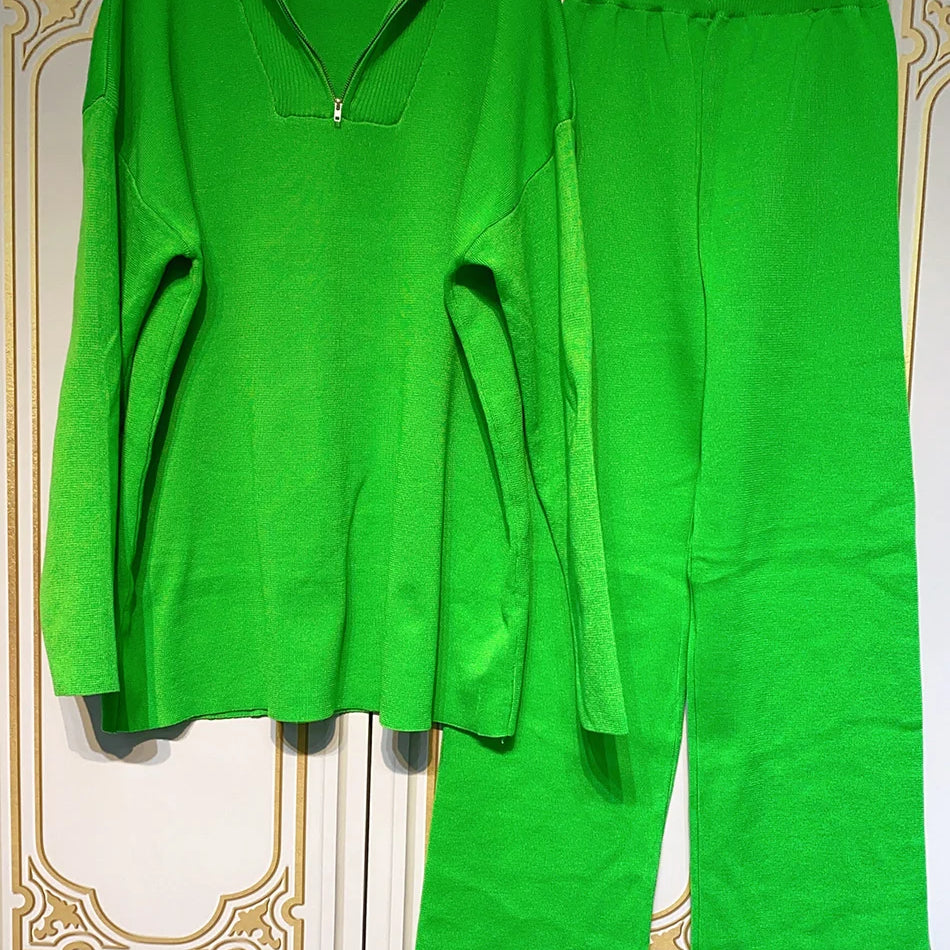 2024 Casual Autumn Loose Knit Sweater Set Fashion Zip Lapel Long Sleeve Pullover Sweater & Straight Pants Two-piece Set