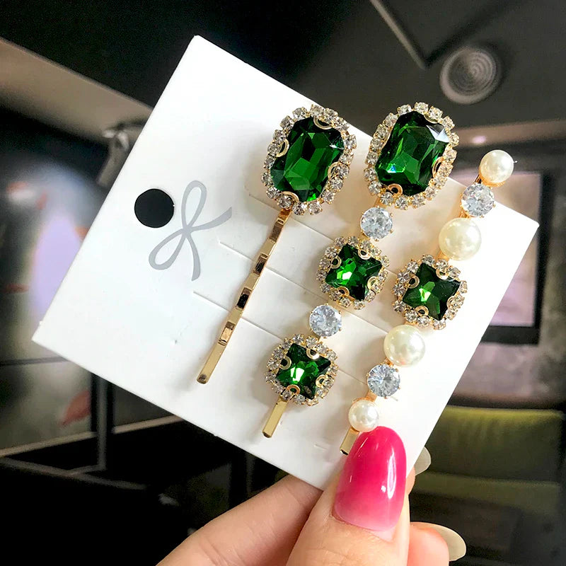 Set Women Hair Clips Jewelry Fashion Crystal Hair Accessories For Girls Luxury Pearl Geometric Barrettes Pins Christmas Gift 3pcs-green