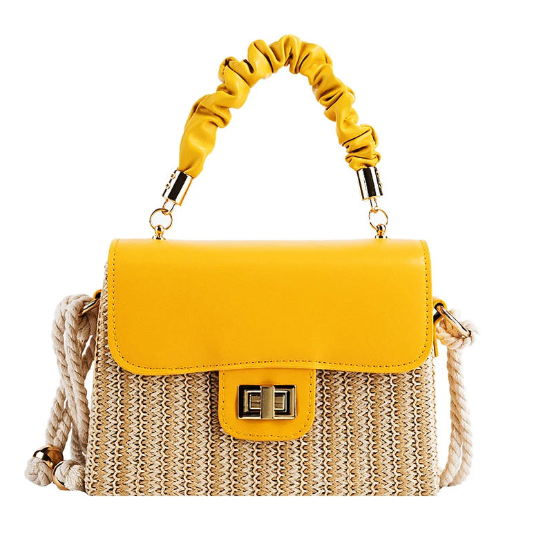 Straw Beach Bag for Women 2024 Summer Pleated Handle Luxury Designer Bag Contrast Color Crossbody Purse and Handbag Lady Bolsos Yellow
