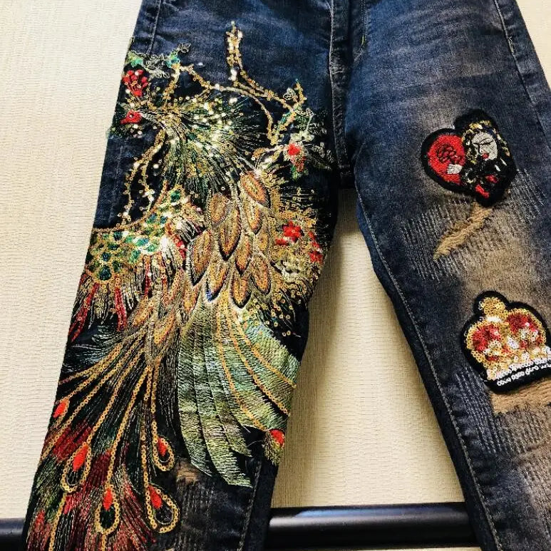 Women's Korean Fashion high waist phoenix embroidery Jeans Female Sexy Jeans Plus Size slim denim pants TB509