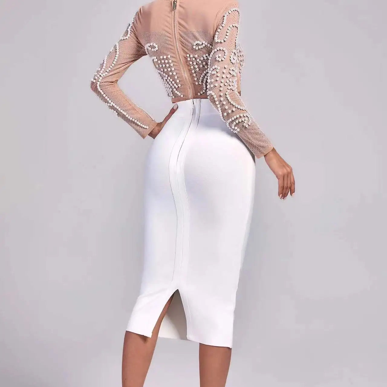 Top Quality Celebrity Black White Two Pieces Set Pearl Beading Hollow Out Rayon Bandage Dress Party Fashion Dress Vestidos