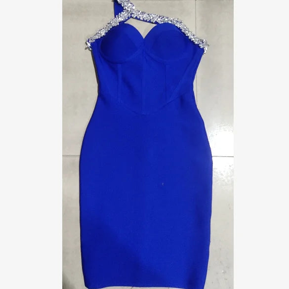 Red Blue Black One Shoulder Sparkly Beading Rayon Bandage Dress Elegant Cocktail Party Dress Vestidos