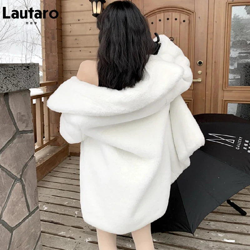 Winter Warm White Faux Fur Coat Women Long Sleeve Lapel Double Breasted Luxury Elegant Fluffy Fake Rabbit Fur Blazers